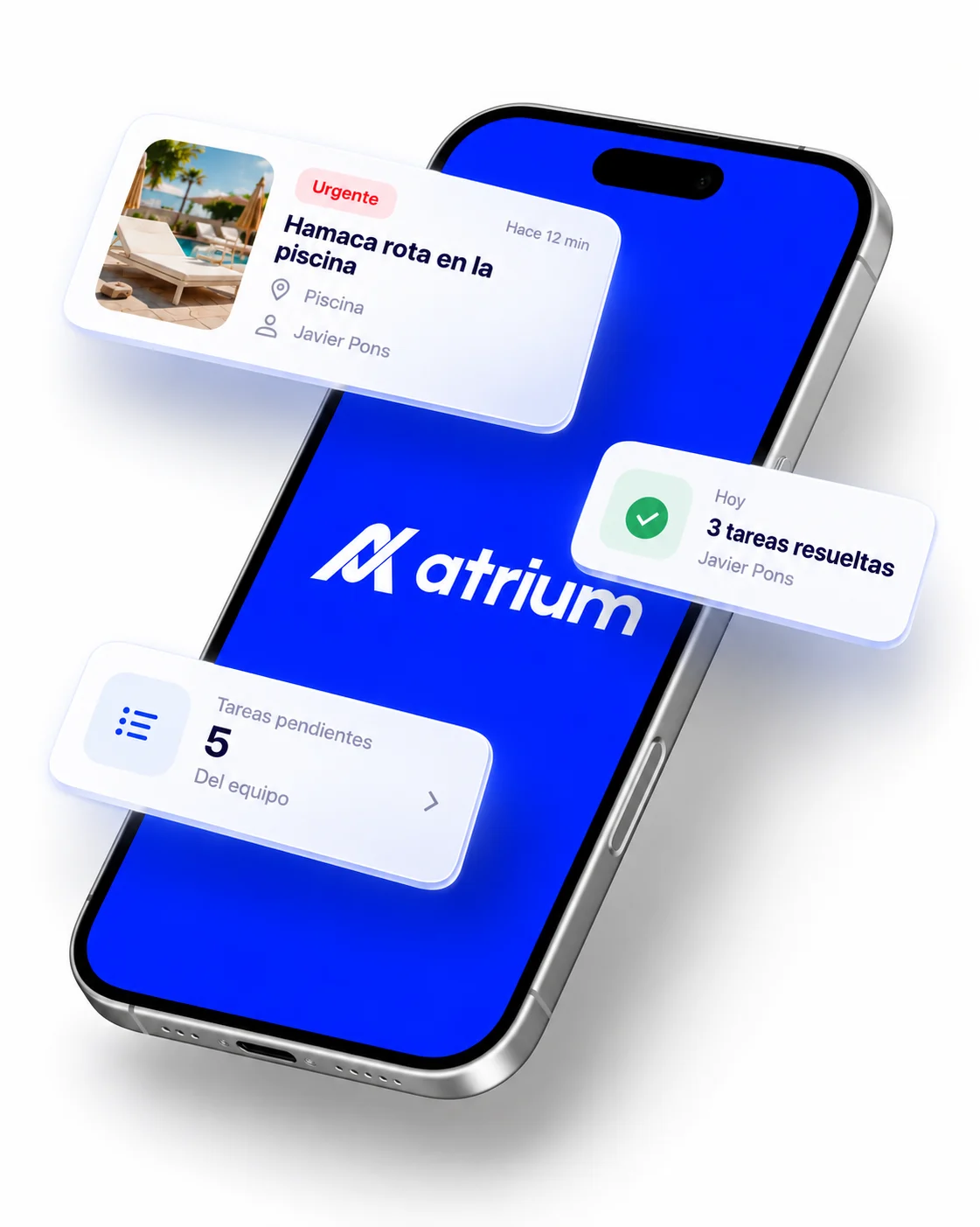 Atrium app on a phone with floating task cards: an urgent broken sun lounger at the pool, 3 tasks resolved today, and 5 pending team tasks
